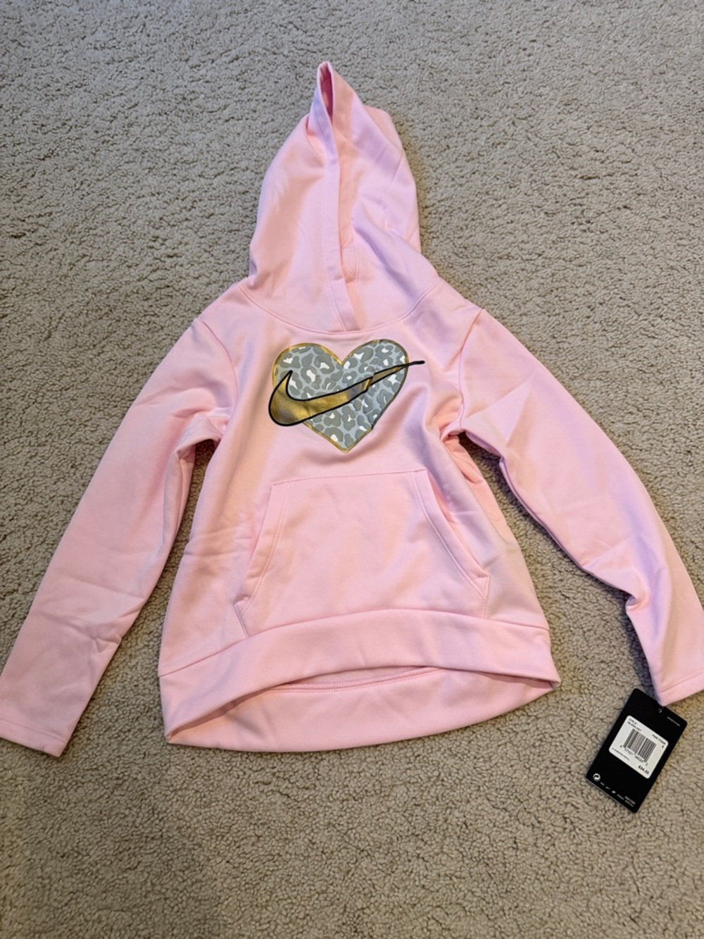 Nike Dri-Fit Girls Pink Hoodie with Gold Swoosh Heart
